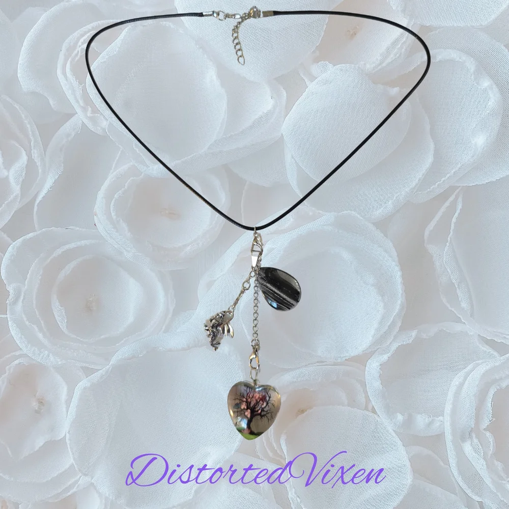 Tree of Life Dragon Necklace Resin Heart and Black Glass Teardrop Pendant